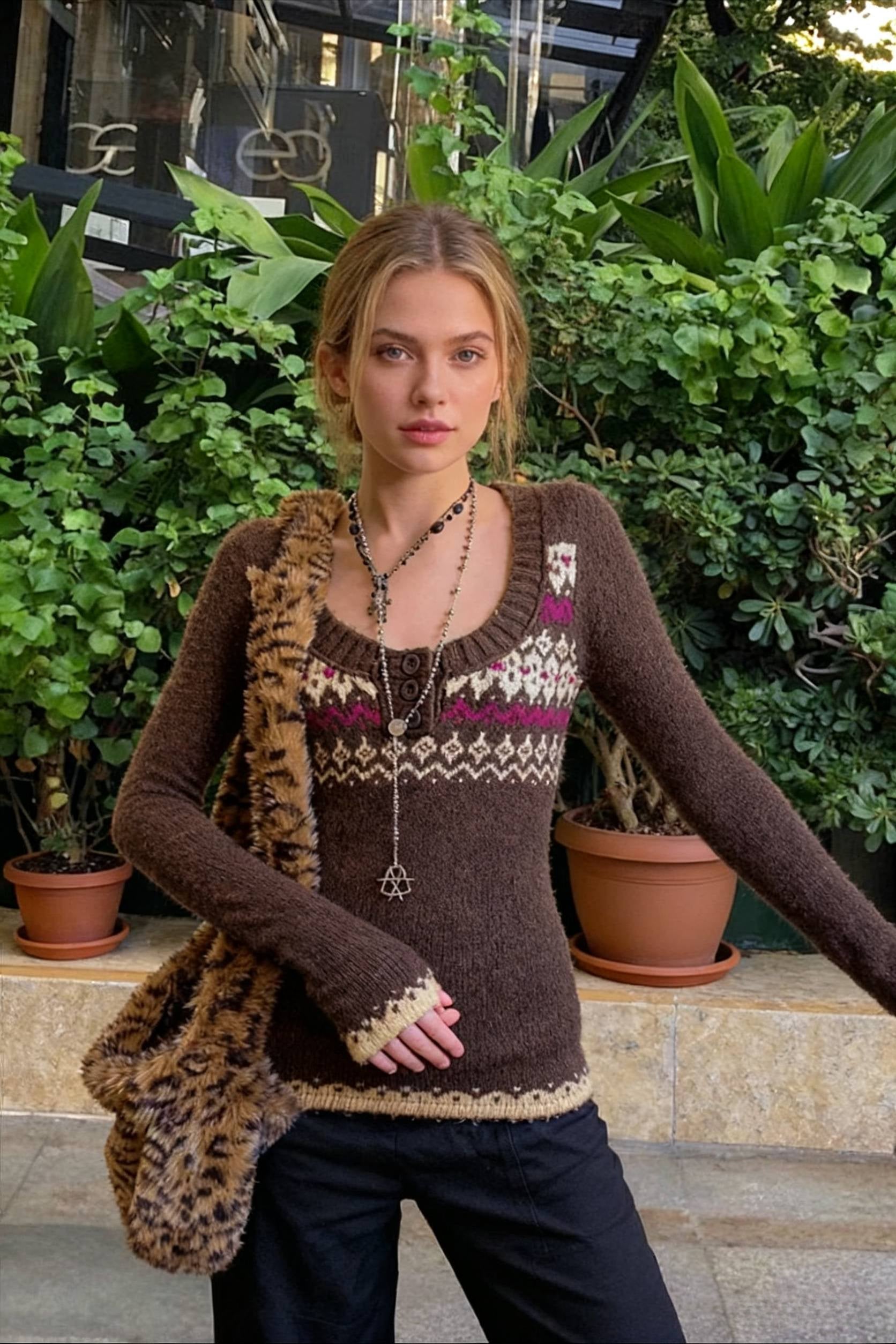 Jacquard Knit Button Sweater