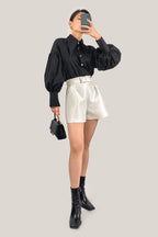Black Pointed Collar Button Detail Lantern Sleeve Shirt