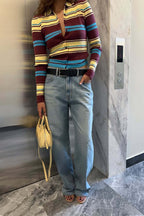 Button Front Stripe Retro Collar Slim Long Sleeve Knit Cardigan