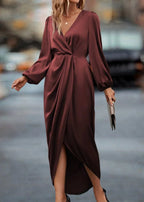 Elegant Red Draped V Neck Midi Dress