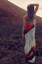 Passionate wine glass flower abstract tulip print H-shaped casual long dress