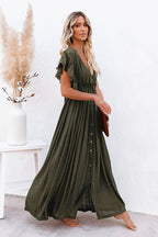 Button Front Drawstring Waist Maxi Boho Dress