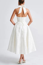 Stylish Jacquard Halter Neck Fitted Waist Open Back Elegant Midi Dress