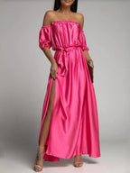 One Shoulder Short Sleeve Slit Dress