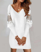 Taylor Premium Patchwork Dress with Long Sleeves and V Neck Designer Edit