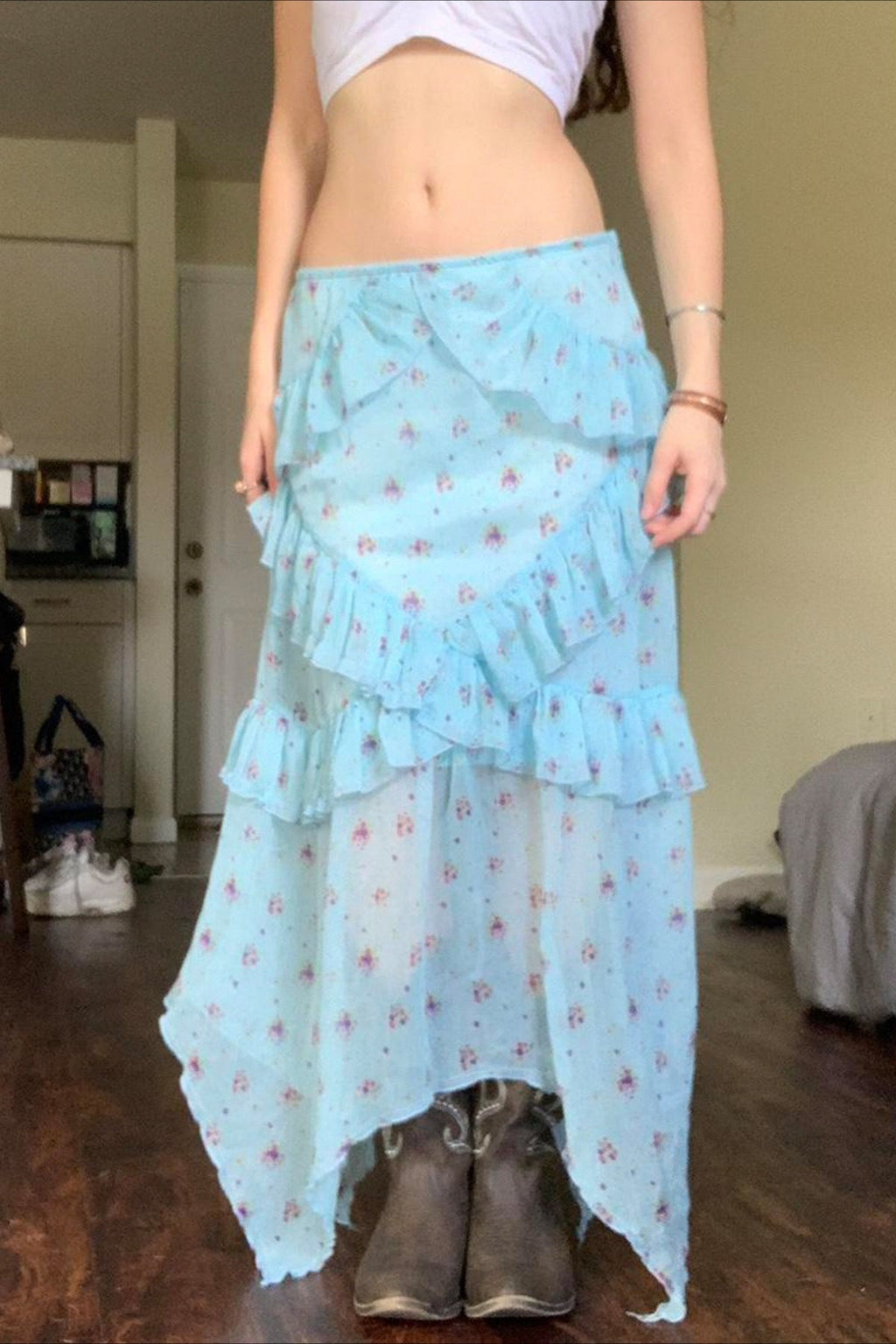 Floral Ruffle Asymmetric Sheer Mesh Vacation Maxi Skirt