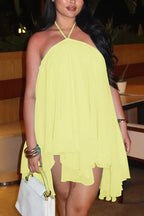 Chiffon Solid Color Halter Backless Irregular Mini Dress