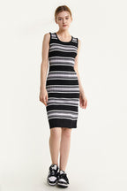 Black Sleeveless Striped Knitted Midi Dress