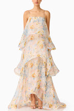 Armani Georgette Fabric Floral Print Tiered Slip Square Neck A-line Maxi Dress