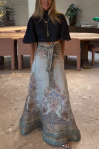 Next Vacation Denim Mock Neck Short Flutter Sleeves Crop Top