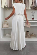 Fashionable Round Neck Shoulder Pads Top and Elastic Waist Pleated Wide-leg Pants Set