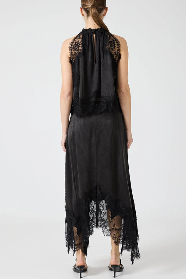Modern Muse Satin Lace Trim Pleated Neck Top and A-line Irregular Slit Skirt Set