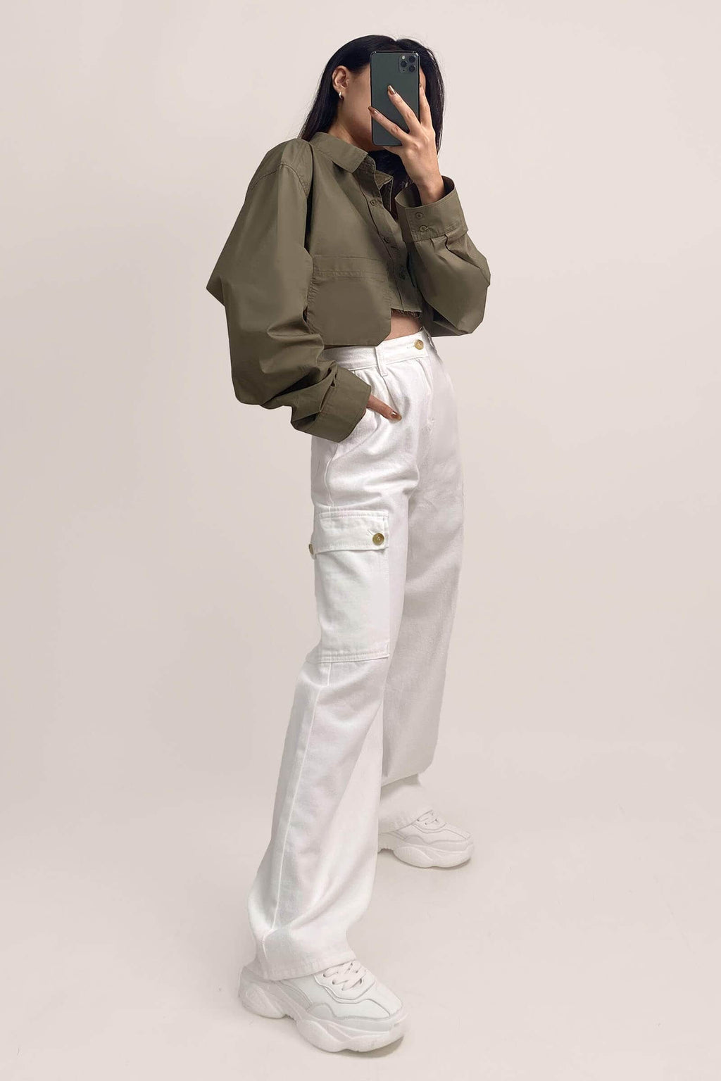 Dark Khaki Pocket Detail Cropped Shirt