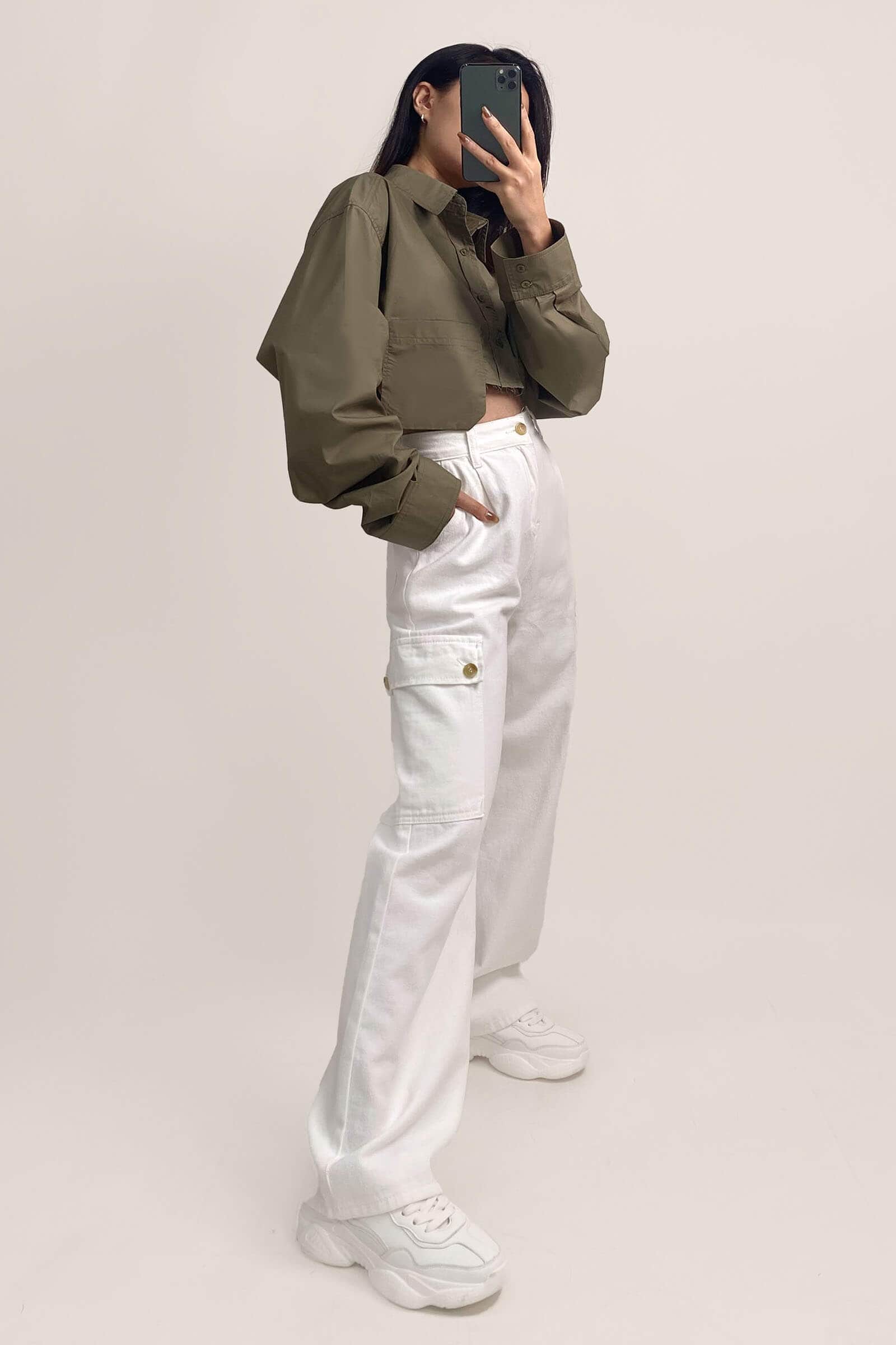 Dark Khaki Pocket Detail Cropped Shirt