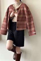 Plaid Crew Neck Single Breasted Drop Shoulder Wool Jacket