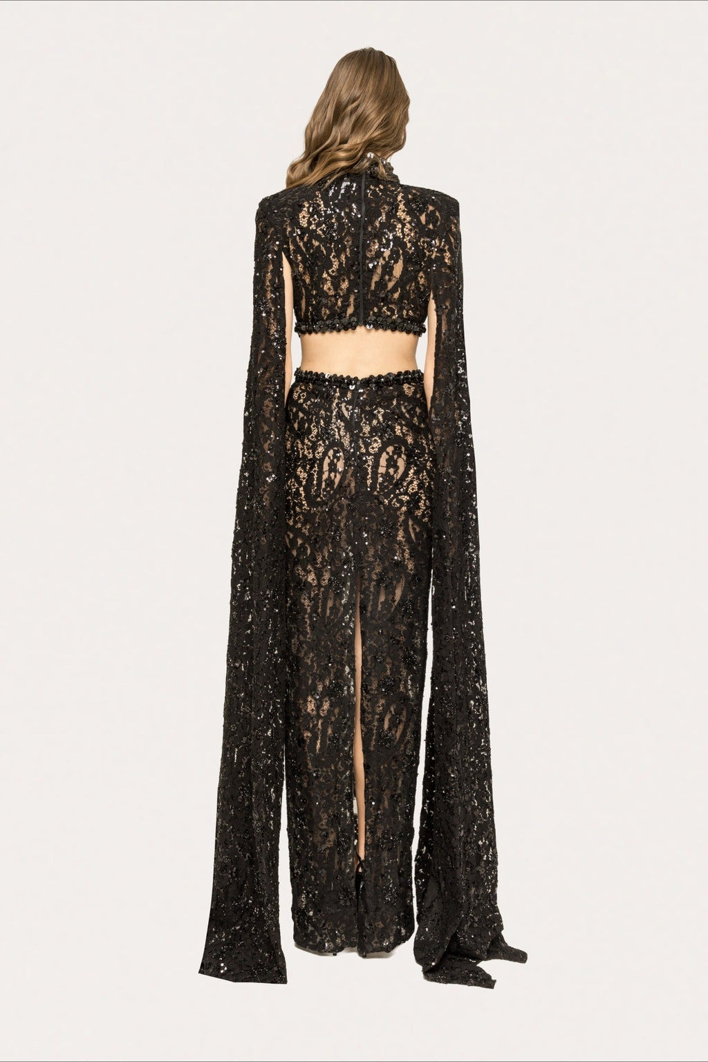 Lace Beaded Sequin Slim Cape Reception Dress