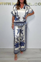 V-neck Short Sleeve Botanical Print Satin Wide-Leg Pants Set