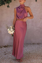 Such A Vibe High Neck Satin Drape Maxi Party Skirt Set