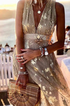 Regina Minimalist Golden Sunset Stories V Neck Maxi Dress Boutique Collection