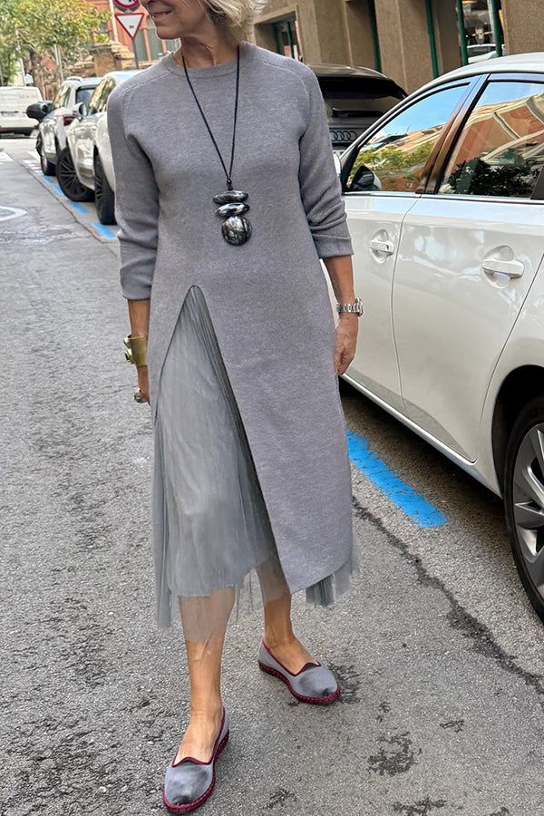 Jollie Knit Long Sleeve Front Slit Midi Sweater and Pleated Tulle Stretch Tank Midi Dress Two-piece Set