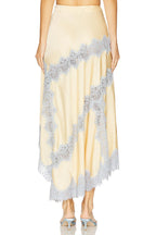 Light gold satin V-neck camisole with blue lace trim + matching skirt set