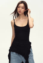 Ruched Asymmetric Black Cami Top