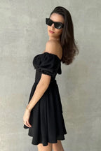 Off Shoulder Puff Sleeve Tie Mini Dress