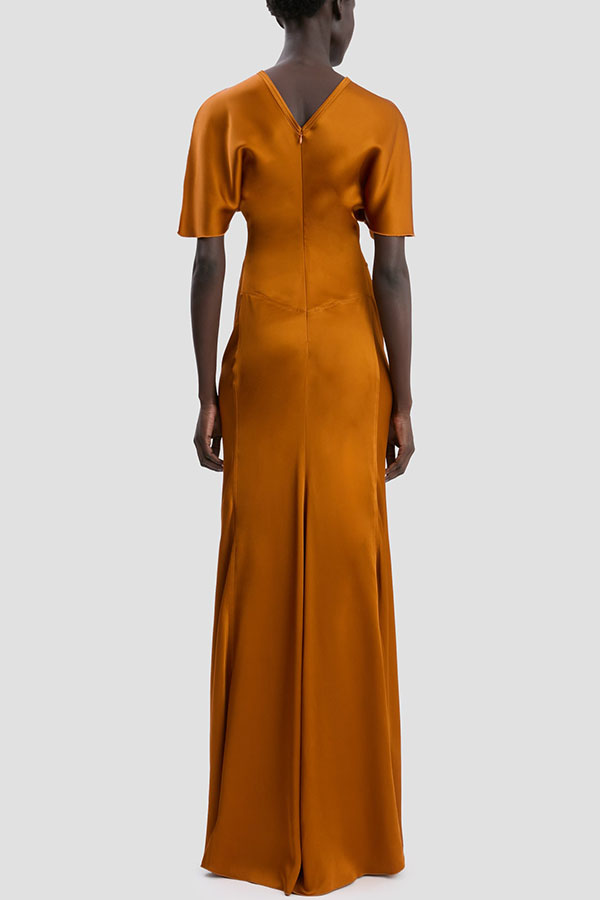 Isabella Satin Short Sleeve Ruched Waist V-shape Back Gown Maxi Dress