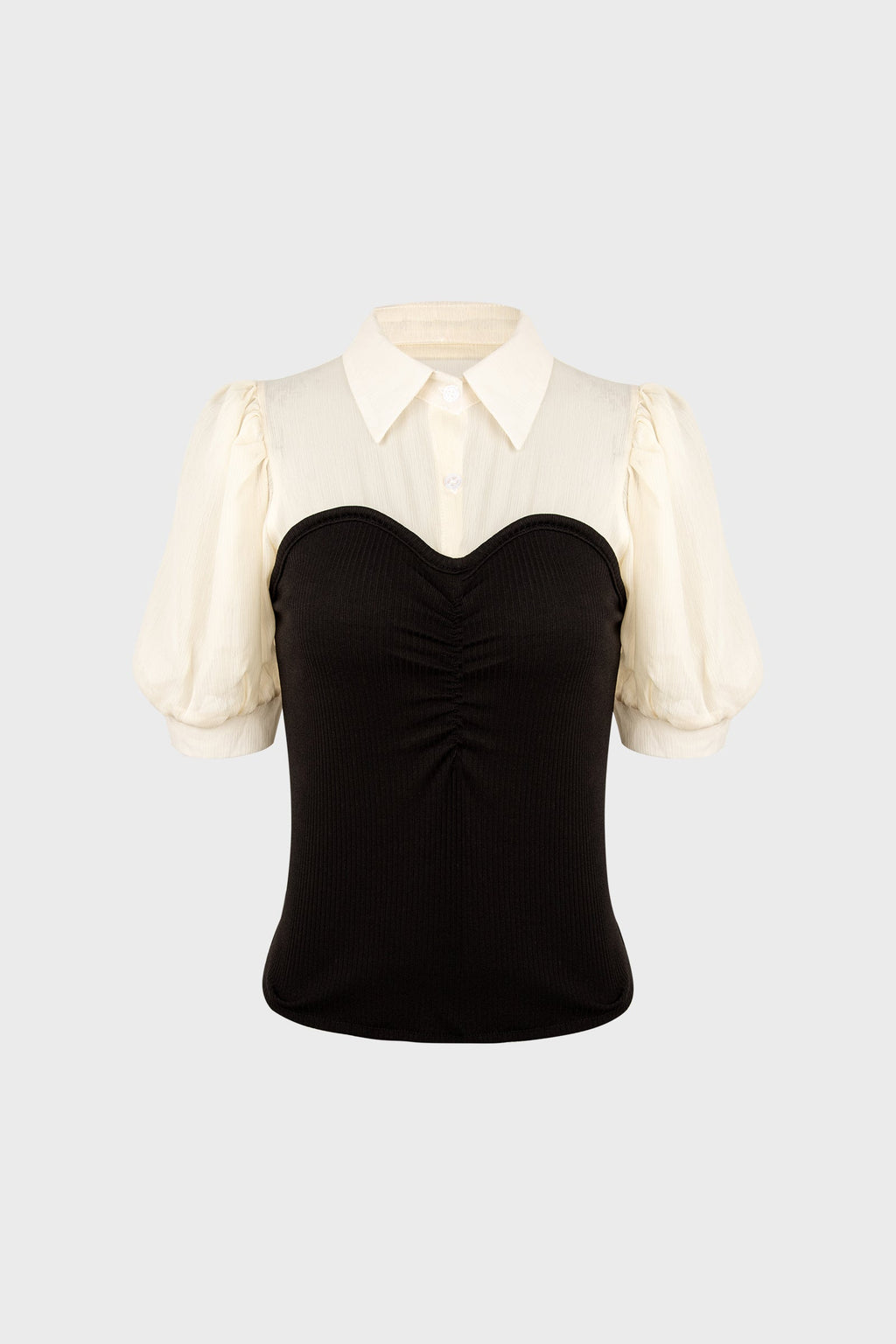 Black Contrast Mesh Puff Sleeve Polo Collar Blouse