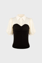 Black Contrast Mesh Puff Sleeve Polo Collar Blouse