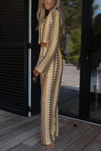 Tamia Knit Colorful Wave Unique Print Crop Top and Stretch Wide Leg Pants Set