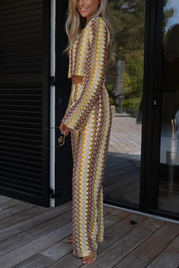 Tamia Knit Colorful Wave Unique Print Crop Top and Stretch Wide Leg Pants Set
