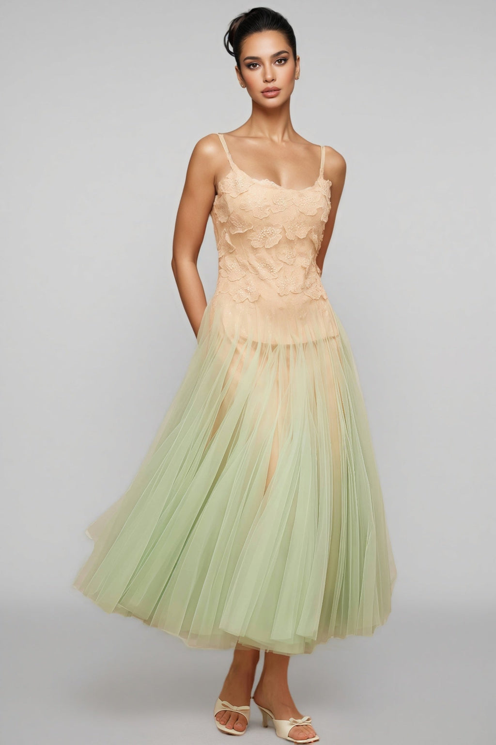 Ylane Halter Mesh Puff Maxi Dress