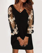 Taylor Premium Patchwork Dress with Long Sleeves and V Neck Designer Edit