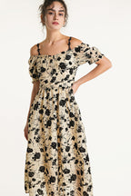 Beige Off-the-Shoulder Velvet Floral Midi Dress