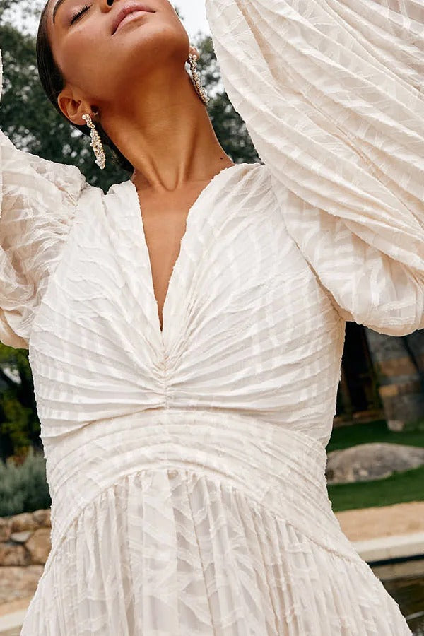 Wedding Guests Pleated Textured Chiffon Fabric Balloon Sleeve Open Back Maxi Dress