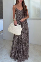Jaycie Tulle Leopard Print V-neck Pleated A-line Hem Slip Maxi Dress