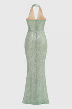 Elsinx Green Backless Sequin Maxi Dress