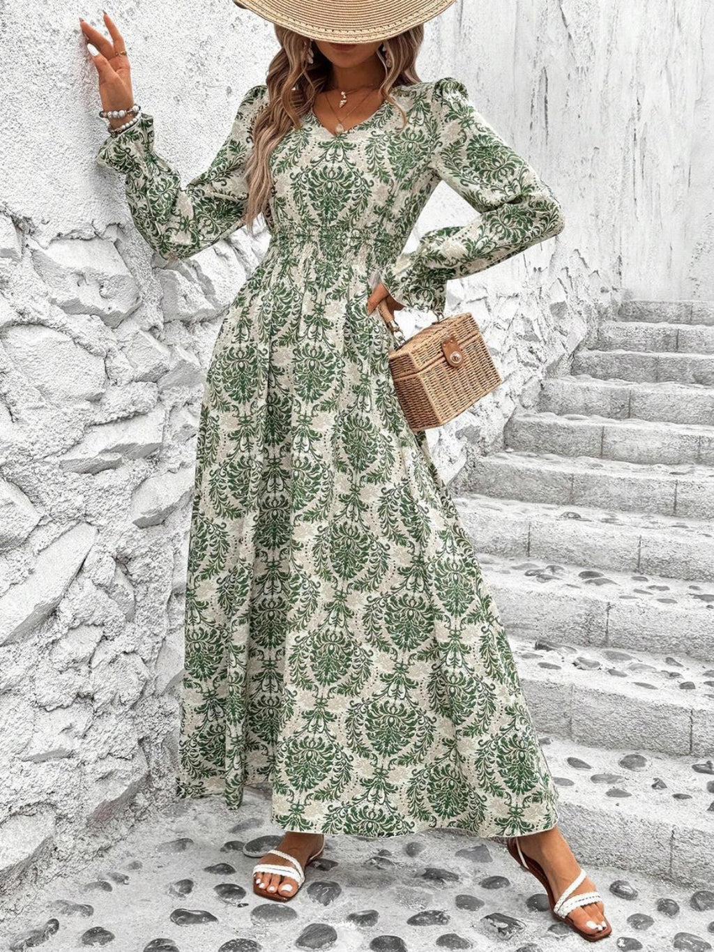 Estefanía Aesthetic Smocked Printed Dress with Flounced Sleeves and V Neck Boutique Collection