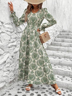 Estefanía Aesthetic Smocked Printed Dress with Flounced Sleeves and V Neck Boutique Collection