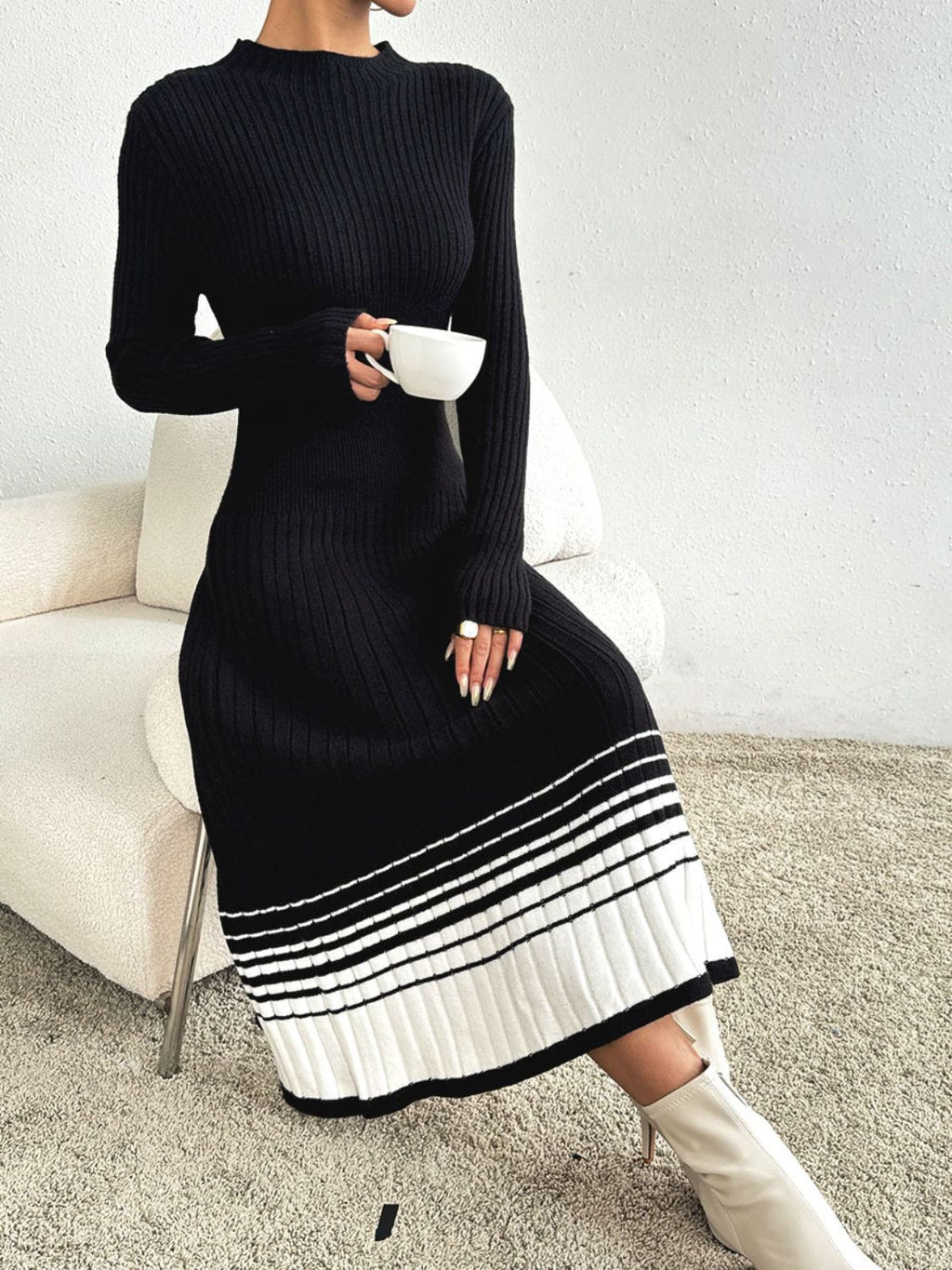 Cristina Contrasting Colored Sweater Relaxed Dress with Premium Casual Styling