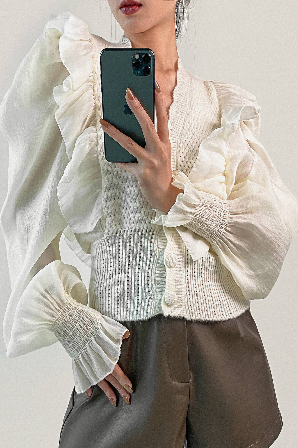 Beige Pointelle Knit Ruffled Chiffon Puff Sleeve Cardigan