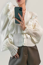 Beige Pointelle Knit Ruffled Chiffon Puff Sleeve Cardigan