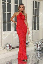 Sexy Halter 3D Flower Embroidery Open Back Bodycon Party Dress