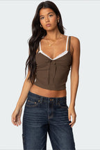 Faux Two Piece Bow Lace Sweet Crop Top