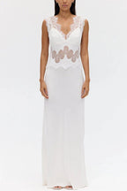 Effortless Elegance Satin Sheer Lace Patchwork V-neck Drape Maxi Dress
