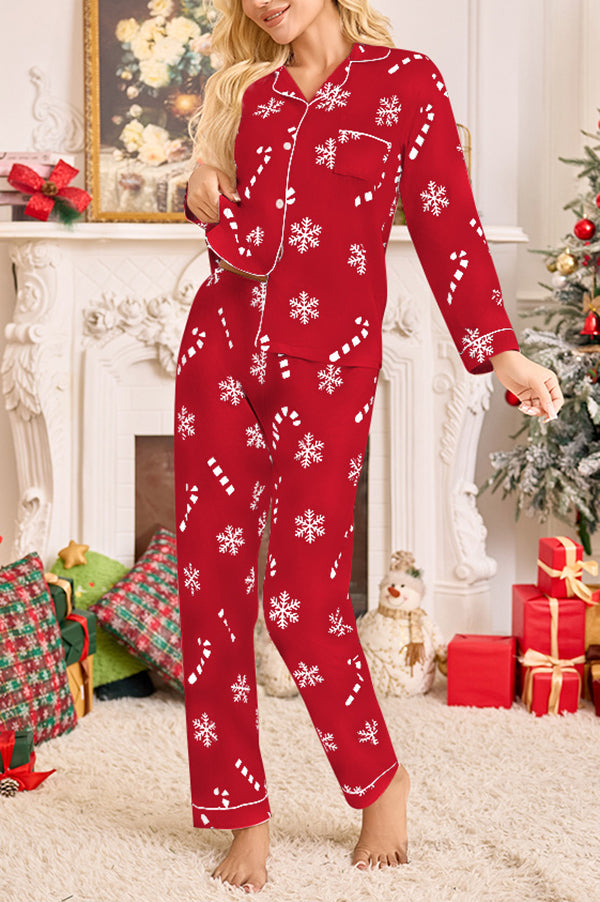 Snowflake Candy Print Casual Long-sleeved Shirt and Elastic Waist Pants Set