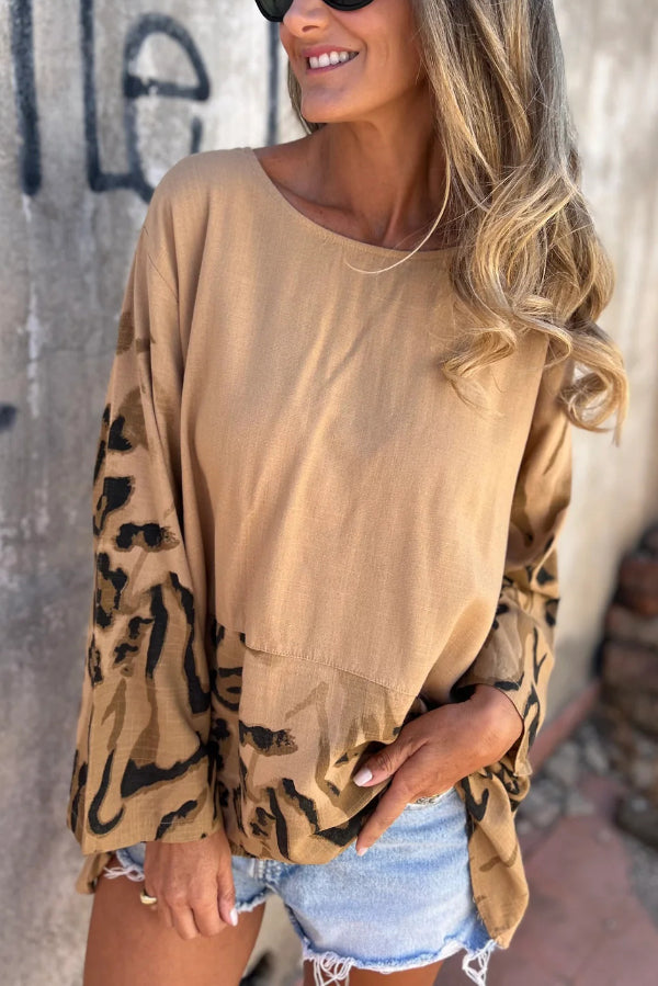 Leopard Print Loose-fitting Round Neck Long-sleeved Casual Top