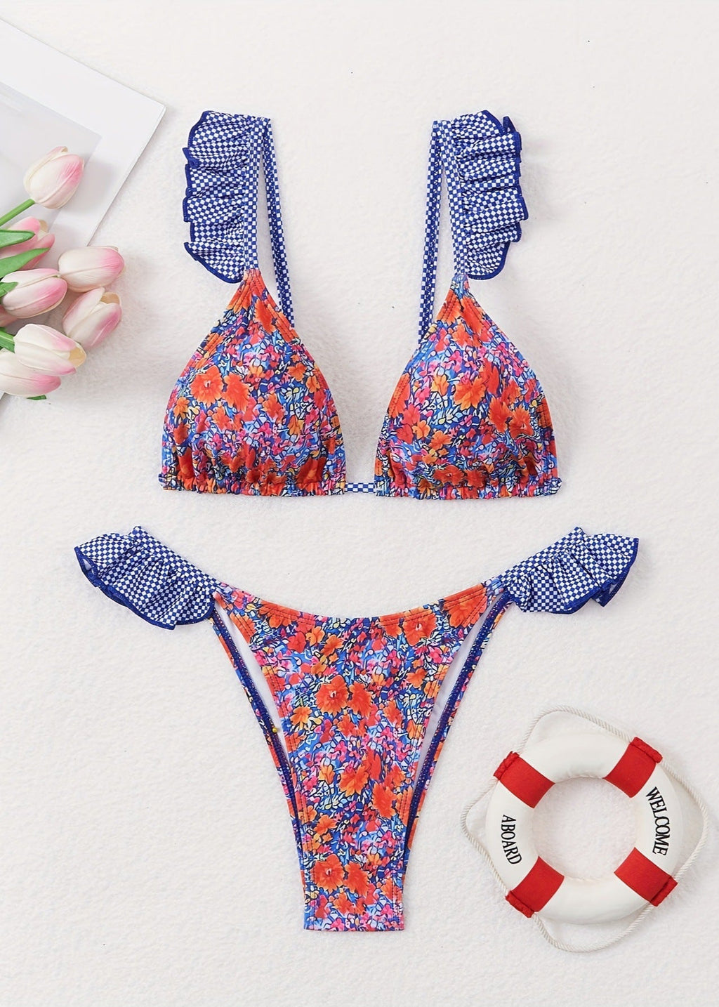 Mediterranean Bloom - One-Piece Swimsuit with Ruffled Straps