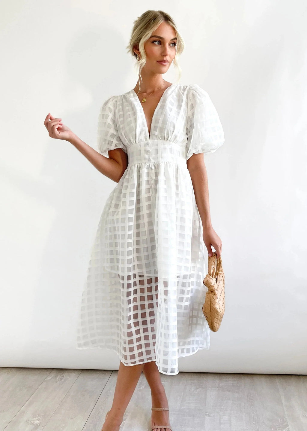 Beautiful square pattern fabric puff sleeve midi